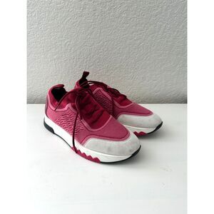 Hermes Addict Sneakers in Pink and White Knit with Suede Goatskin Trim 37.5/ 7.5